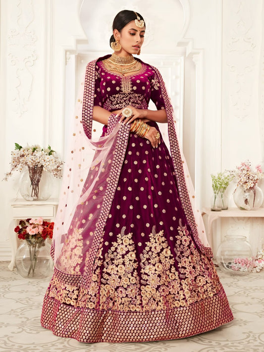 Wine Purple Velvet Embroidered Bridal Lehenga Choli with Net Dupatta