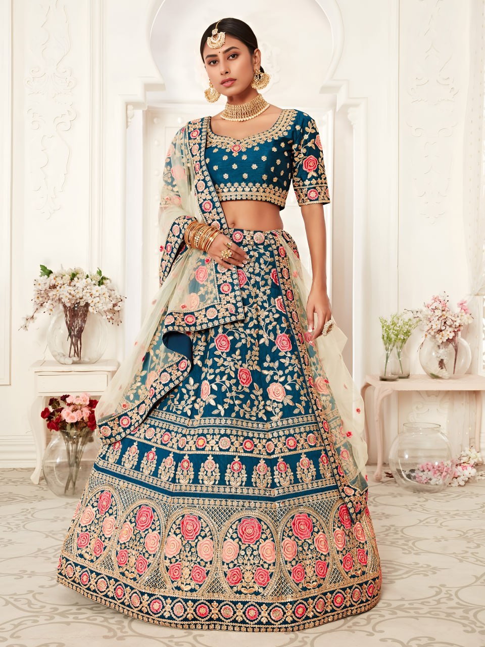 Designer Bridal Wedding Teal Blue Floral Embroidered Lehenga Choli with Net Dupatta