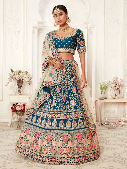 Designer Bridal Wedding Teal Blue Floral Embroidered Lehenga Choli with Net Dupatta