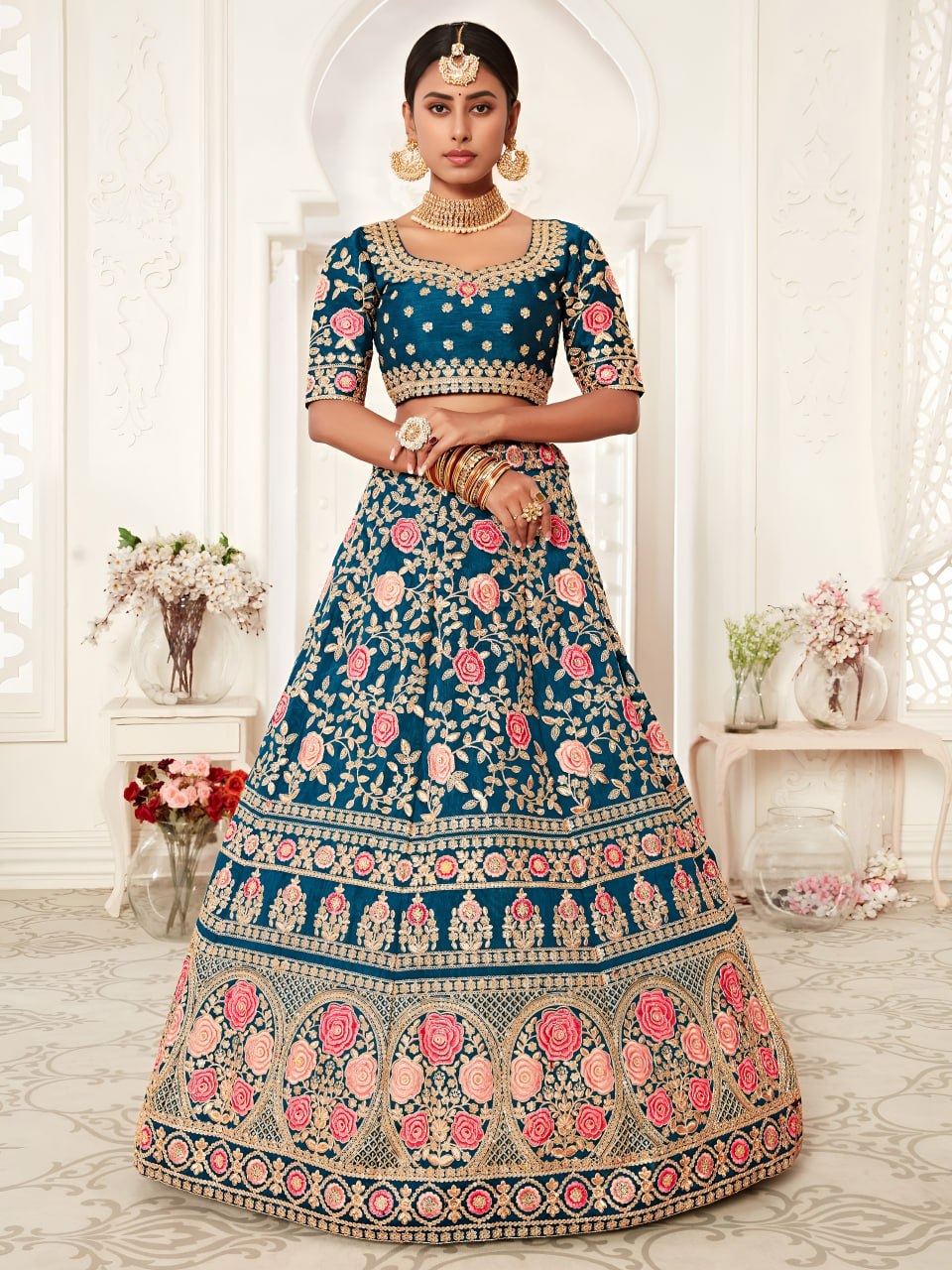 Designer Bridal Wedding Teal Blue Floral Embroidered Lehenga Choli with Net Dupatta