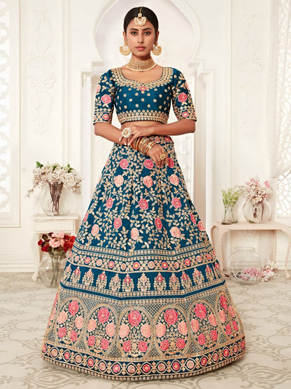 Designer Bridal Wedding Teal Blue Floral Embroidered Lehenga Choli with Net Dupatta