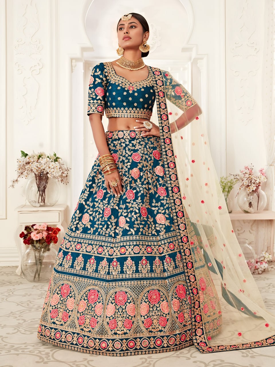 Designer Bridal Wedding Teal Blue Floral Embroidered Lehenga Choli with Net Dupatta