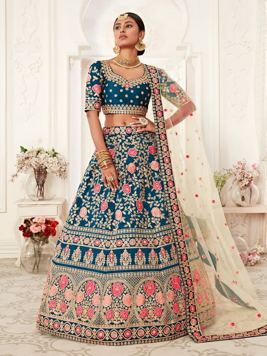 Designer Bridal Wedding Teal Blue Floral Embroidered Lehenga Choli with Net Dupatta