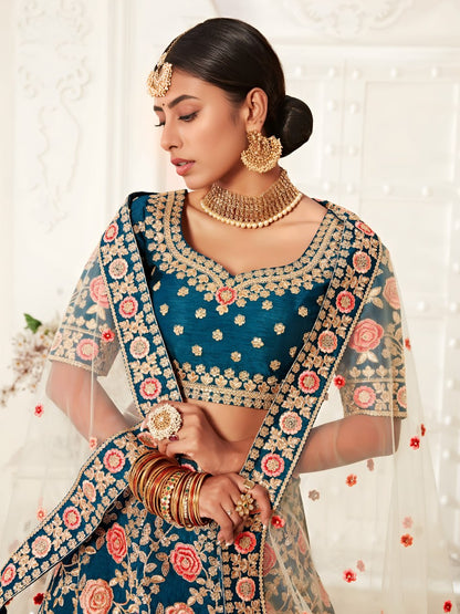 Designer Bridal Wedding Teal Blue Floral Embroidered Lehenga Choli with Net Dupatta