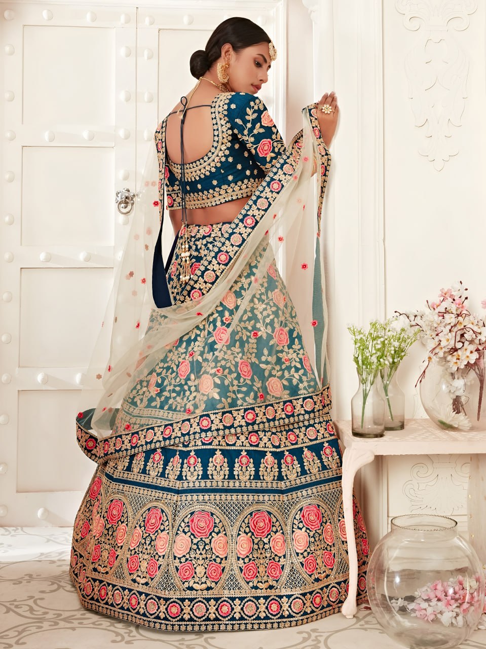 Designer Bridal Wedding Teal Blue Floral Embroidered Lehenga Choli with Net Dupatta