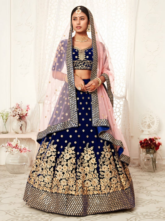 Royal Blue Velvet Lehenga Choli with Heavy Gold Embroidery & Pink Net Dupatta for Wedding