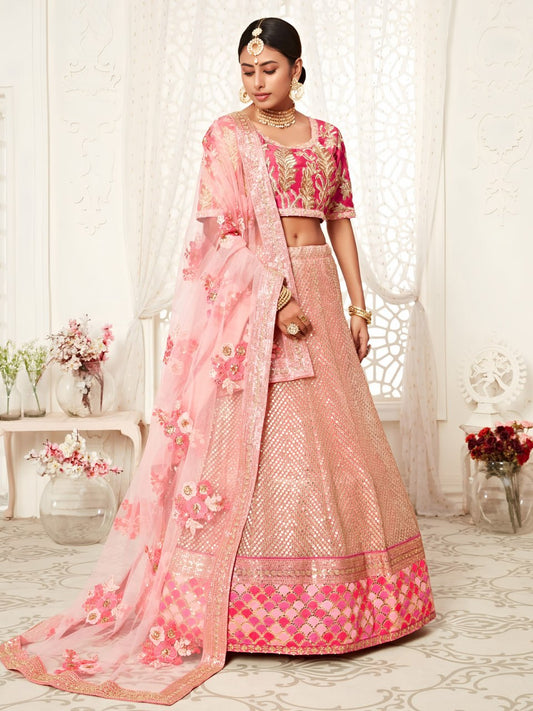 Pink Bridal Lehenga Choli with Sequins & Floral Net Dupatta for Wedding