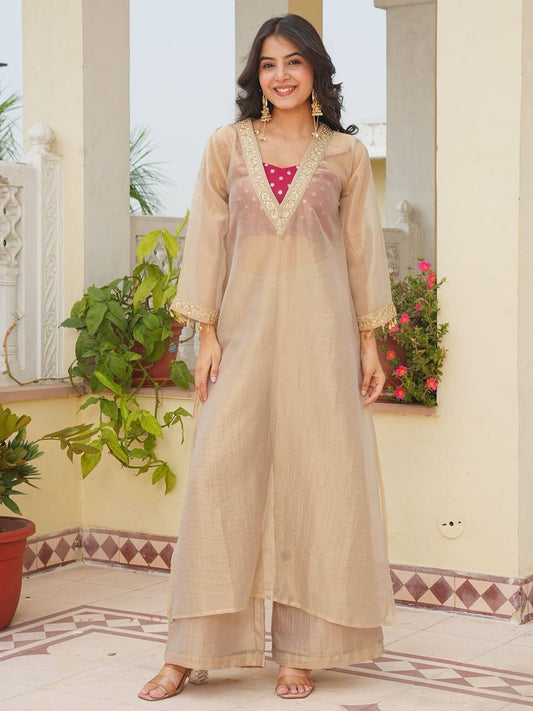 Beige Golden Tissue Embroidered Kurta Palazzo Set with Sequence Work Designer Blouse
