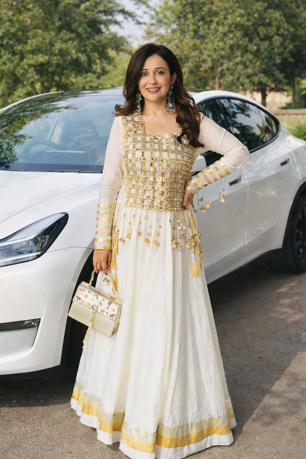 White & Gold Mirror Work Anarkali Gown with Designer Cape Jacket