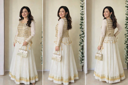 White & Gold Mirror Work Anarkali Gown with Designer Cape Jacket