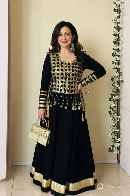 White & Gold Mirror Work Anarkali Gown with Designer Cape Jacket