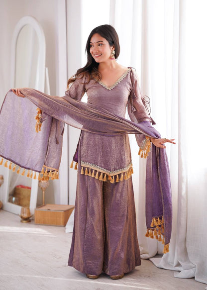 Champagne Gold Designer Kurti Set with Palazzo & Tassel Dupatta