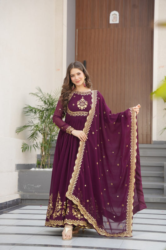 Wine anarkali suit with golden embroidery and dupatta