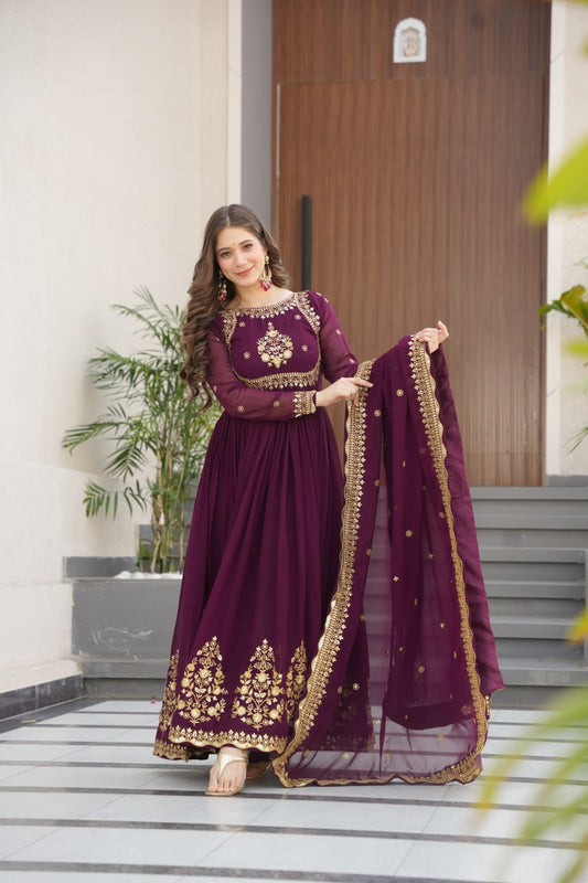 Wine anarkali suit with golden embroidery and dupatta