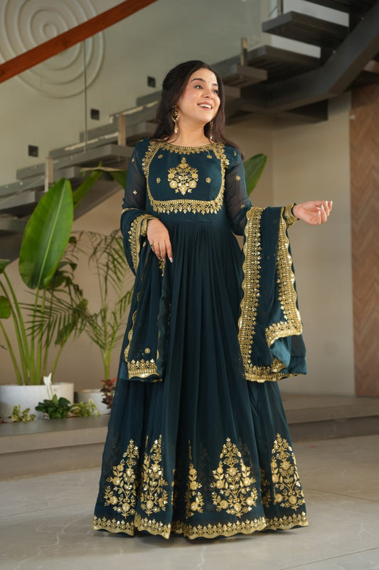 dark teal green anarkali suit with golden embroidery and dupatta