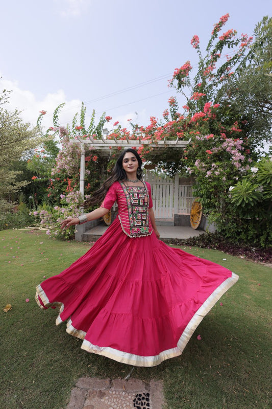 Pink Kora Cotton Lehenga Choli with Kutchi Gamthi Patchwork Blouse For Navratri