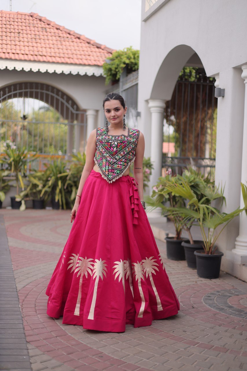 Hot Pink Roman Lehenga with Kutchi Gamthi Embroidered Blouse