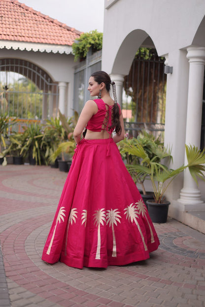 Hot Pink Roman Lehenga with Kutchi Gamthi Embroidered Blouse
