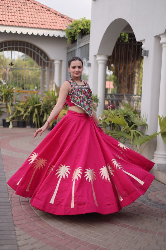 Hot Pink Roman Lehenga with Kutchi Gamthi Embroidered Blouse