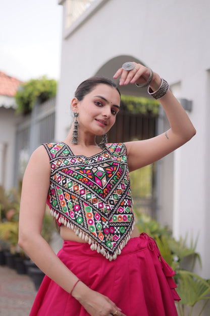 Hot Pink Roman Lehenga with Kutchi Gamthi Embroidered Blouse