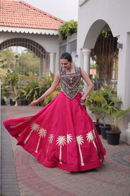 Hot Pink Roman Lehenga with Kutchi Gamthi Embroidered Blouse
