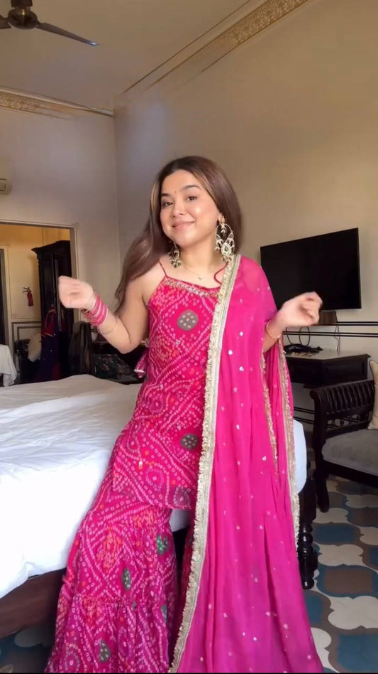 Pink Bandhani Printed Sharara Set with Dupatta