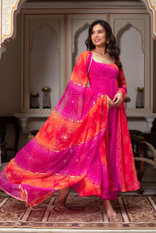 Pink and Orange Bandhani Printed Anarkali Gown with Dupatta