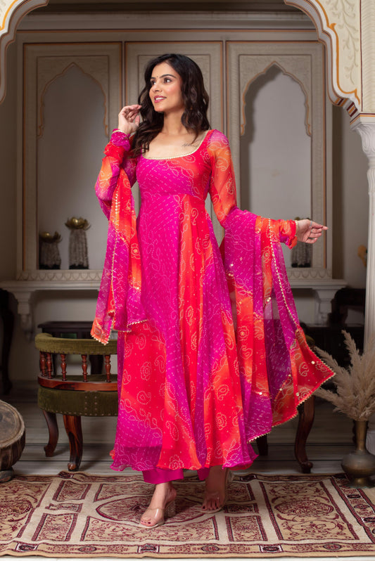 Pink and Orange Bandhani Printed Anarkali Gown with Dupatta