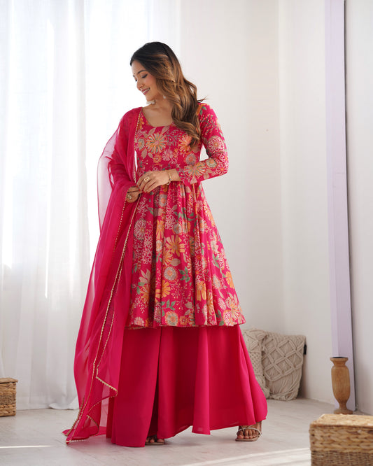 Rani Pink Kediya Style Kurti Palazzo Set with Organza Dupatta