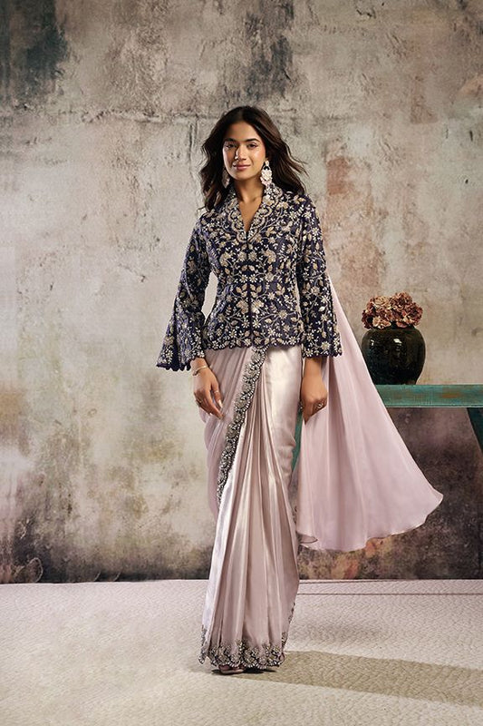 Metallic Glossy Ready to Wear Satin Saree with Embroidered Blazer Style Blouse & Belt