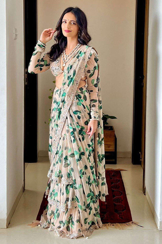 Ready to Wear Floral Ruffle Saree with Embellished Border