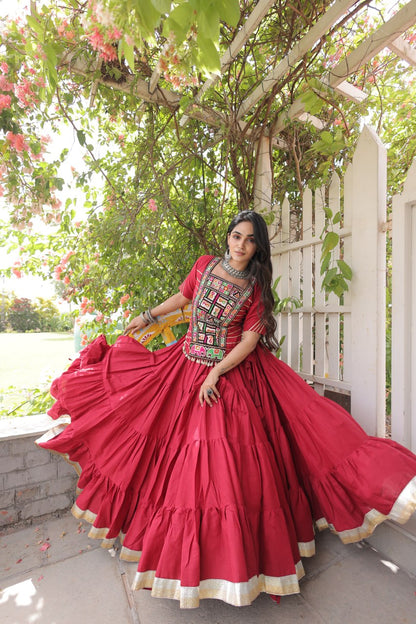 Red Kora Cotton Lehenga Choli with Kutchi Gamthi Patchwork Blouse For Navratri