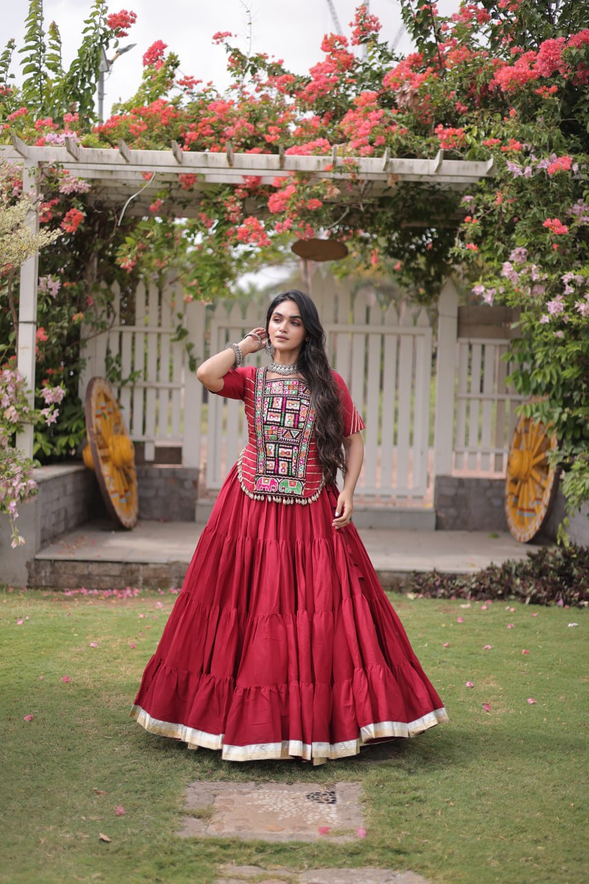 Red Kora Cotton Lehenga Choli with Kutchi Gamthi Patchwork Blouse For Navratri