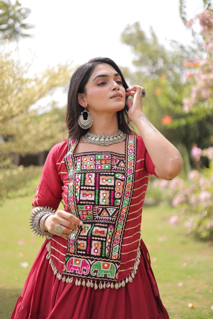 Red Kora Cotton Lehenga Choli with Kutchi Gamthi Patchwork Blouse For Navratri