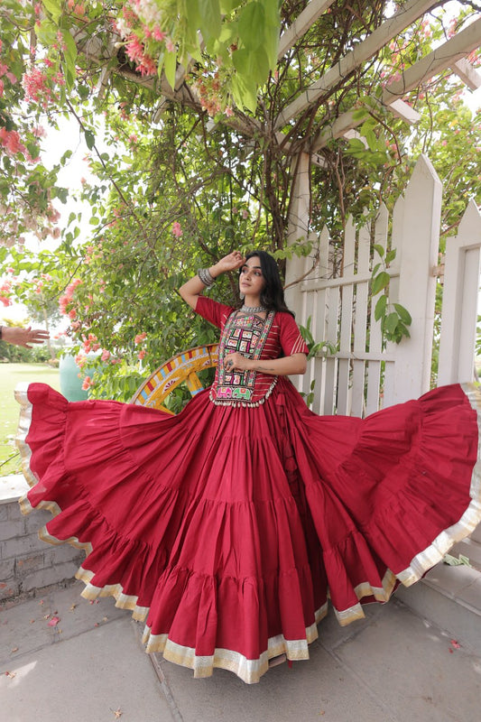 Red Kora Cotton Lehenga Choli with Kutchi Gamthi Patchwork Blouse For Navratri