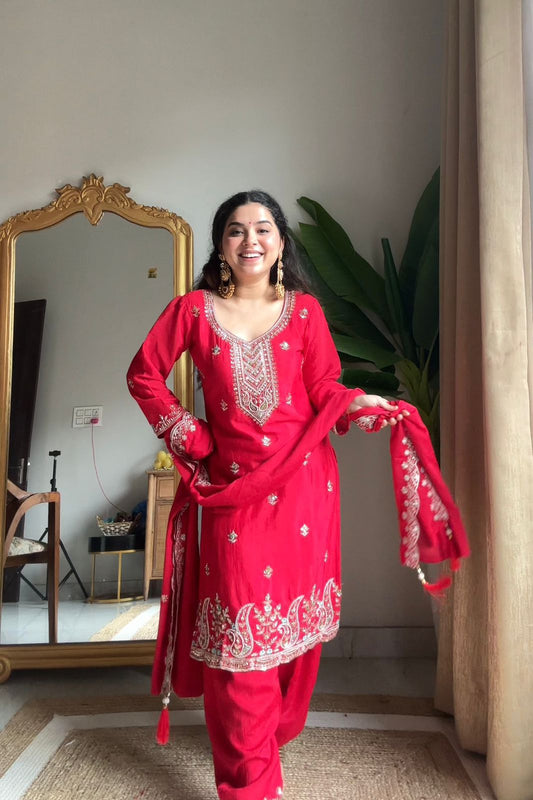 Red Chinnon Embroidered Salwar Suit with Dupatta