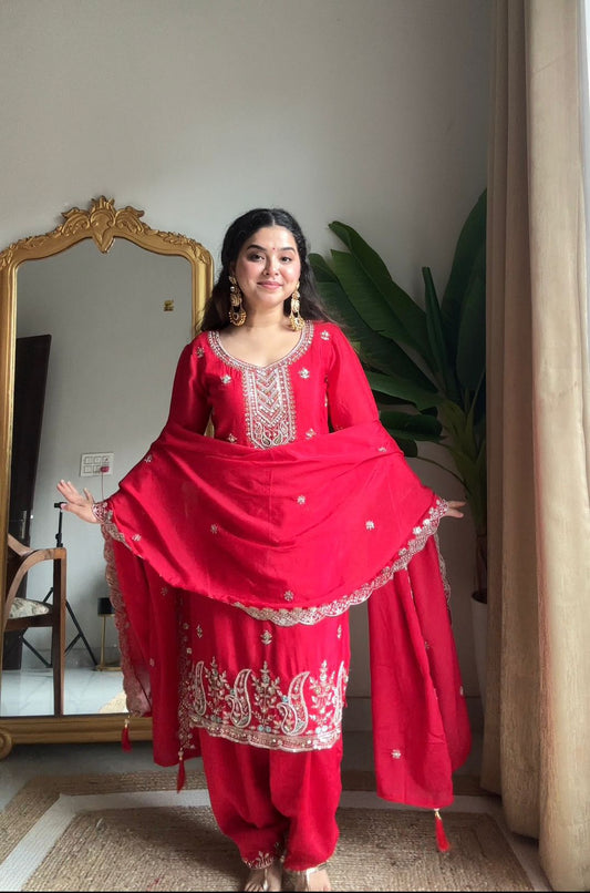 Red Chinnon Embroidered Salwar Suit with Dupatta