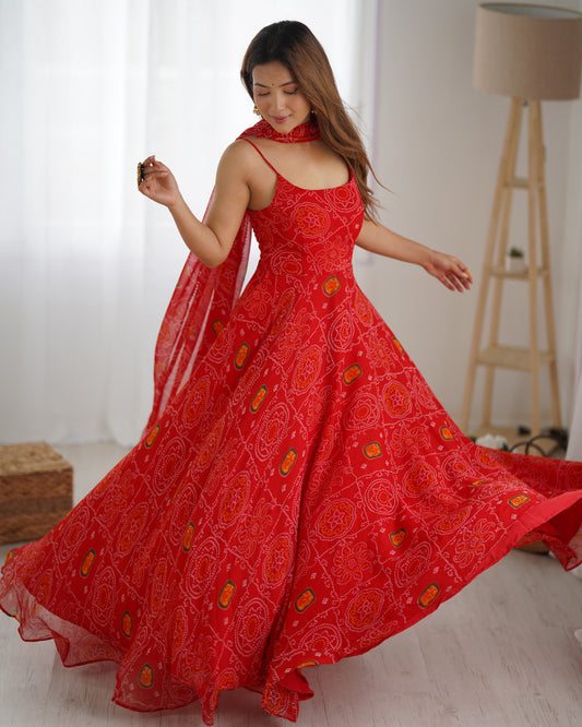 Red Bandhani Print Anarkali Gown with Flared Silhouette & Matching Dupatta