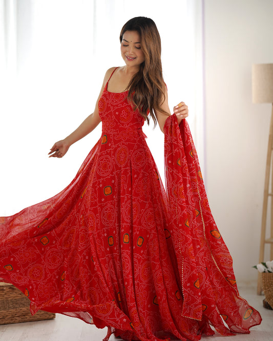 Red Bandhani Print Anarkali Gown with Flared Silhouette & Matching Dupatta