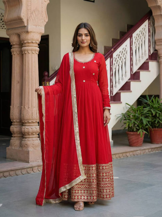 Elegant Red Georgette Anarkali Suit with Golden Embroidery & Dupatta