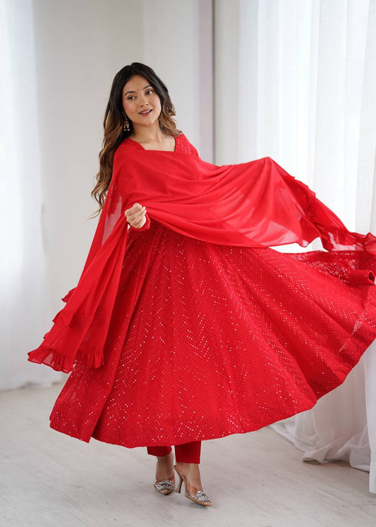 Red Anarkali Suit with Sequins Work and Ruffle Dupatta for Party & Festive Wear