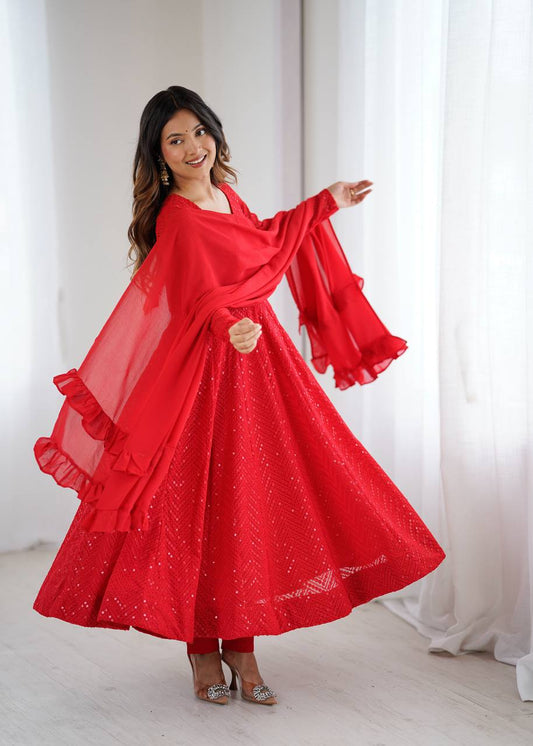 Red Anarkali Suit with Sequins Work and Ruffle Dupatta for Party & Festive Wear