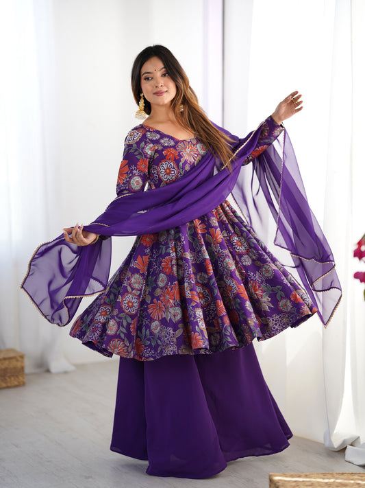Royal Purple Floral Printed Kediya Sharara Set with Dupatta