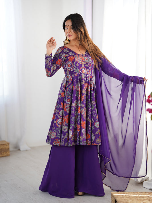 Royal Purple Floral Printed Kediya Sharara Set with Dupatta