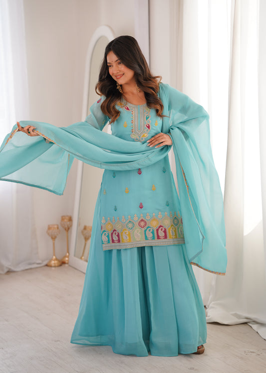 Aqua Blue Crunchy Silk Sharara Suit with Multicolor Embroidery & Lace Dupatta