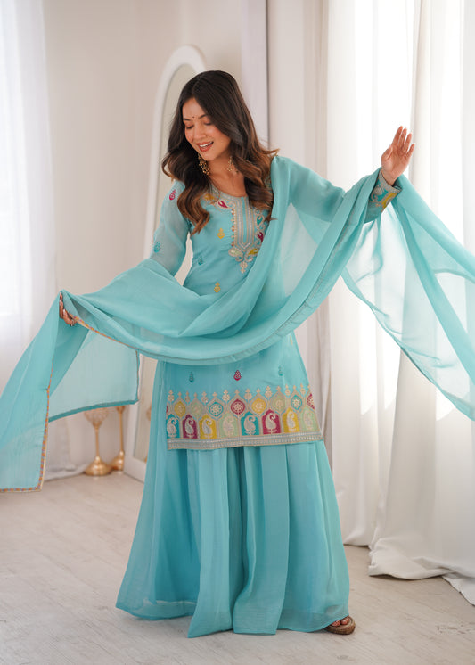Aqua Blue Crunchy Silk Sharara Suit with Multicolor Embroidery & Lace Dupatta