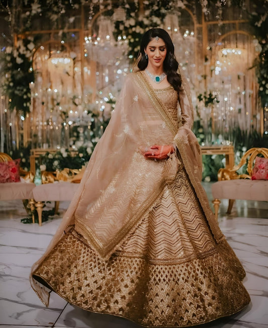 Sabyasachi inspired Bridal Gold Designer Lehenga Choli with Heavy Zari & Sequins Work