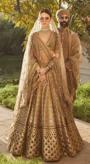 Sabyasachi inspired Bridal Gold Designer Lehenga Choli with Heavy Zari & Sequins Work
