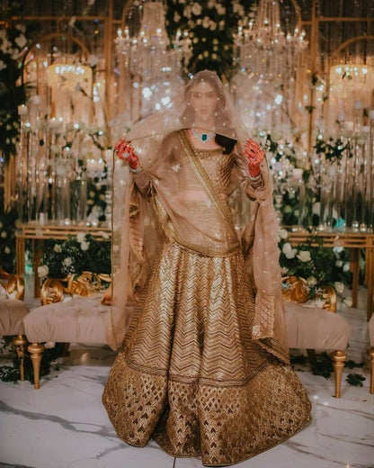 Sabyasachi inspired Bridal Gold Designer Lehenga Choli with Heavy Zari & Sequins Work