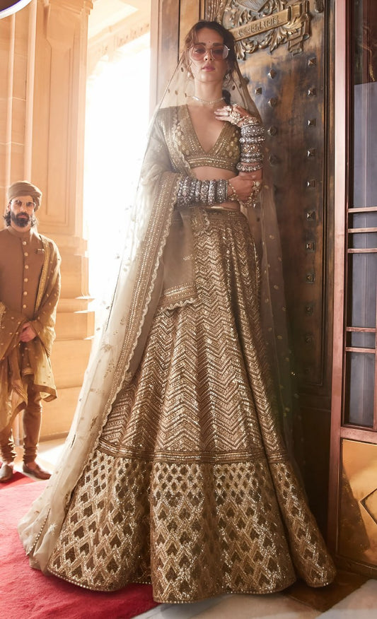 Sabyasachi inspired Bridal Gold Designer Lehenga Choli with Heavy Zari & Sequins Work